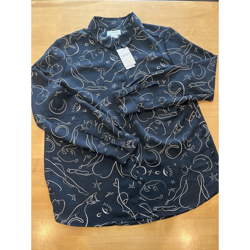 Carmen Marc Valvo Women's Size M Button Up Shirt‎ Top NWT Faces Silhouettes Cats